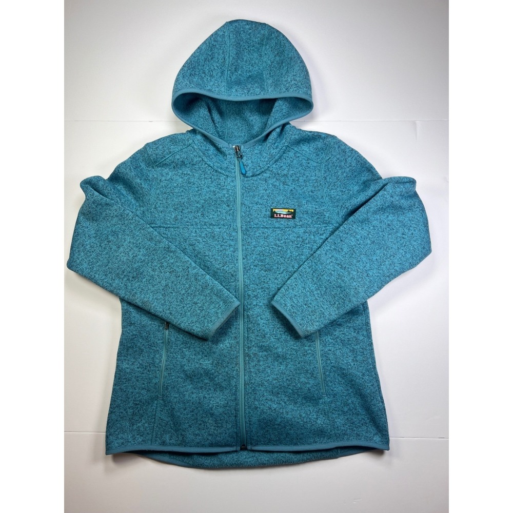 LL Bean Sweater Fleece Hoodie Womens M Petite Teal Blue Marled Full Zip 508291